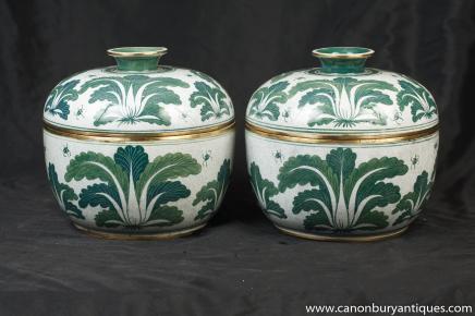 Pair Chinese Porcelain Ming Green White Lidded Pots Urns